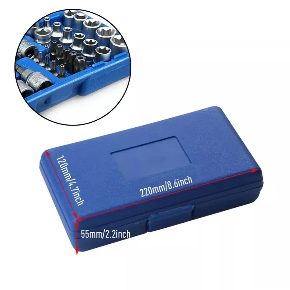 Professional 34Pcs Torx Bit Socket & E-Torx Star Socket Set 1/4" 3/8" 1/2" Drive Male Female E-Torx Bits Handheld Tool with Case