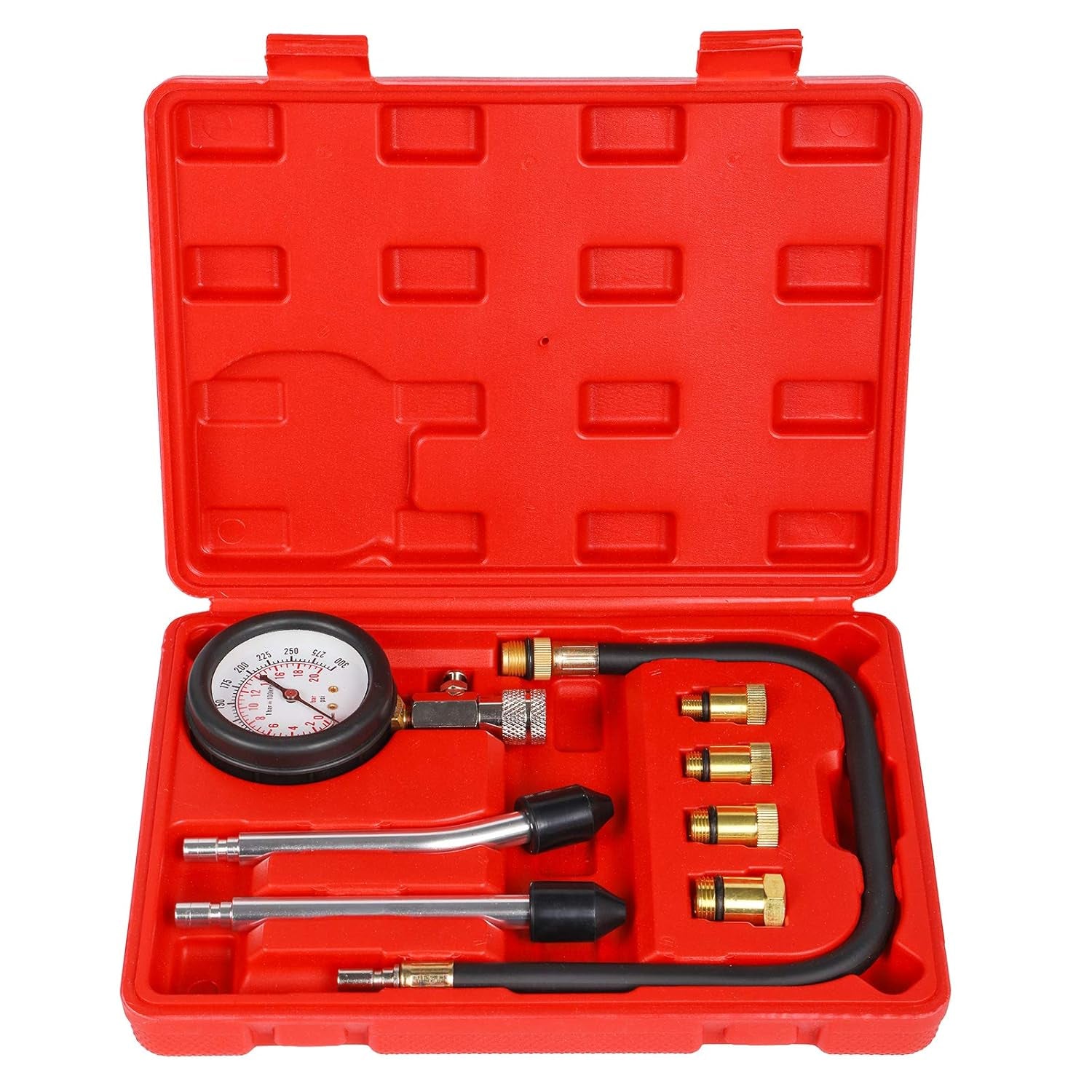 8PCS Compression Tester Kit Professional Petrol Gas Engine Cylinder Pressure Gauge 0-300 PSI Automotive Tool for Motorcycle Car Truck (Red 8Pc)