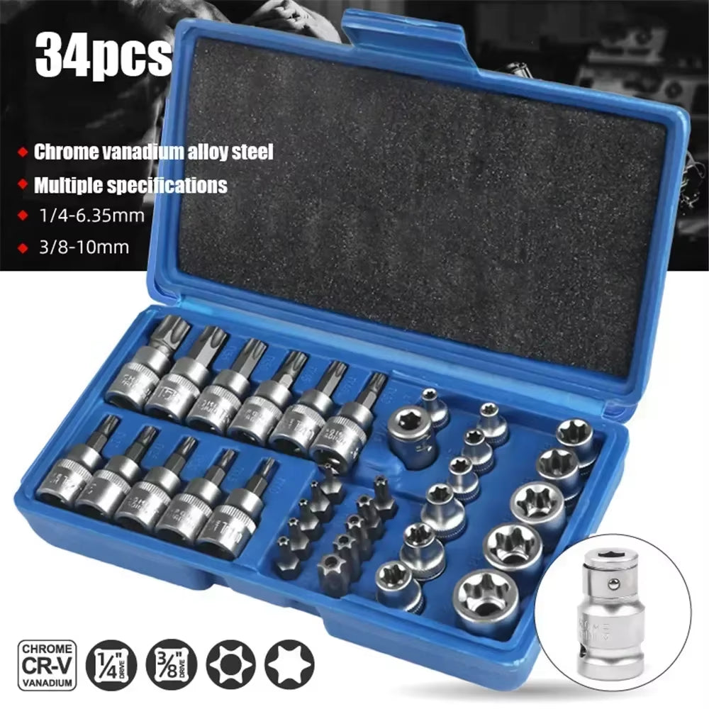 Professional 34Pcs Torx Bit Socket & E-Torx Star Socket Set 1/4" 3/8" 1/2" Drive Male Female E-Torx Bits Handheld Tool with Case