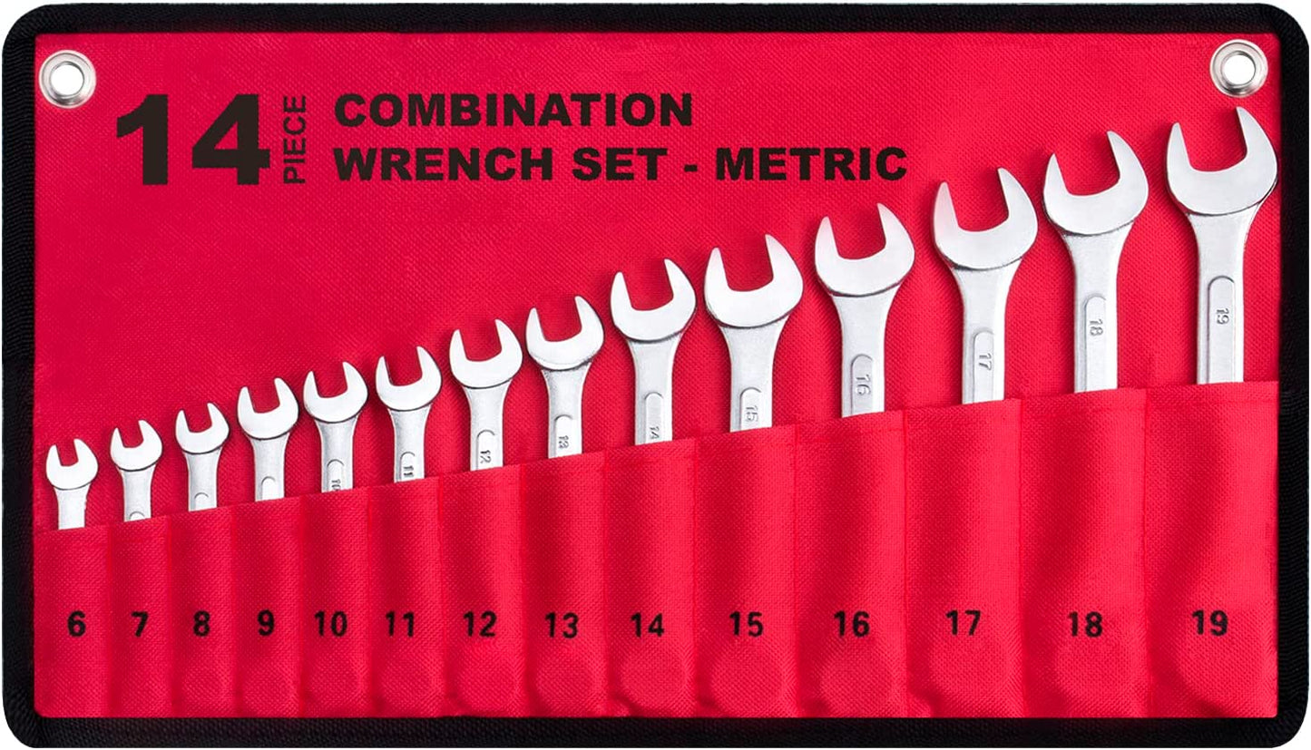 14-Piece Essential Metric Combination Wrench Set in Roll-Up Pouch, No Skipped Metric Sizes 6Mm - 19Mm | Best Value Wrench Set, Ideal for General Household, Garage, Workshop, Auto Repairs, Emergency