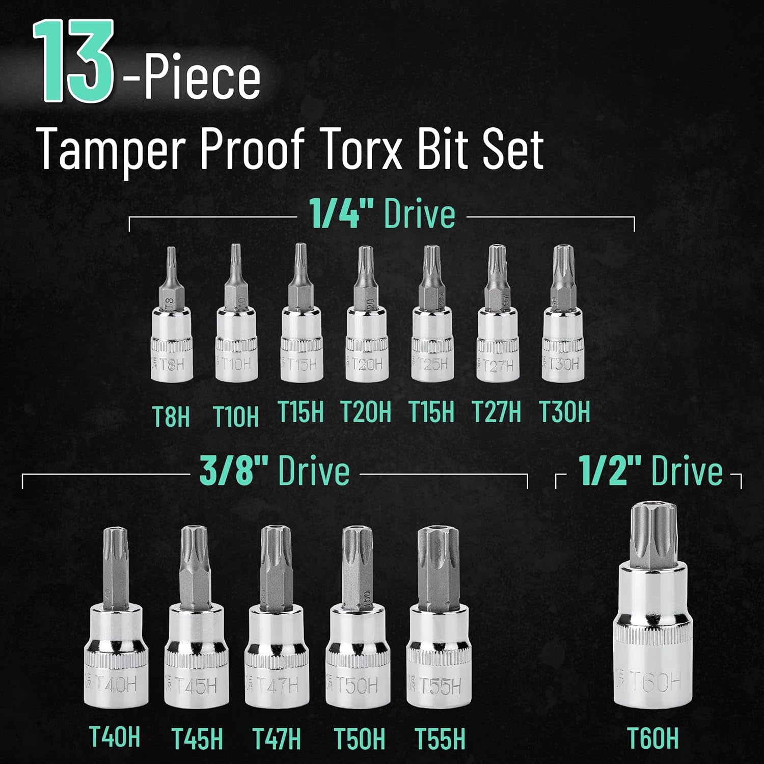 Bates- Torx Bit Socket Set, 13 Pcs, TT8-TT60, 1/4" 3/8" & 1/2" Drive, Silver, Tamper Proof Torx Bit Set, Torx Bit Socket Set, Star Bit Socket Set, Security Torx Bit Set, Impact Torx Socket Set