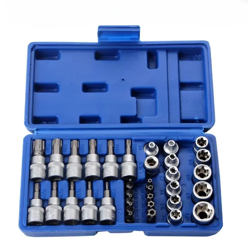 Professional 34Pcs Torx Bit Socket & E-Torx Star Socket Set 1/4" 3/8" 1/2" Drive Male Female E-Torx Bits Handheld Tool with Case