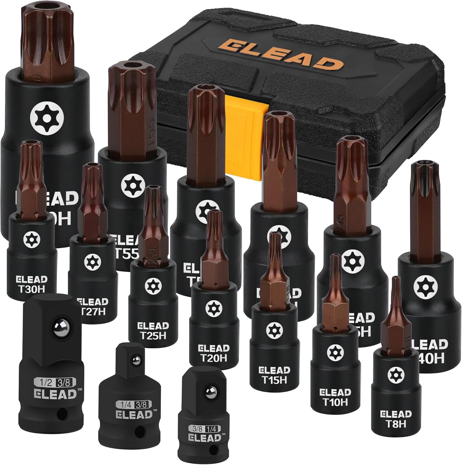 16-Piece Torx Bit Socket Set - Premium S2 Steel European Style T8-T60 with Socket Adapters, Star Bit Socket Set 1/4”, 3/8” and 1/2” Drive | Professional Mechanic Garage Tools