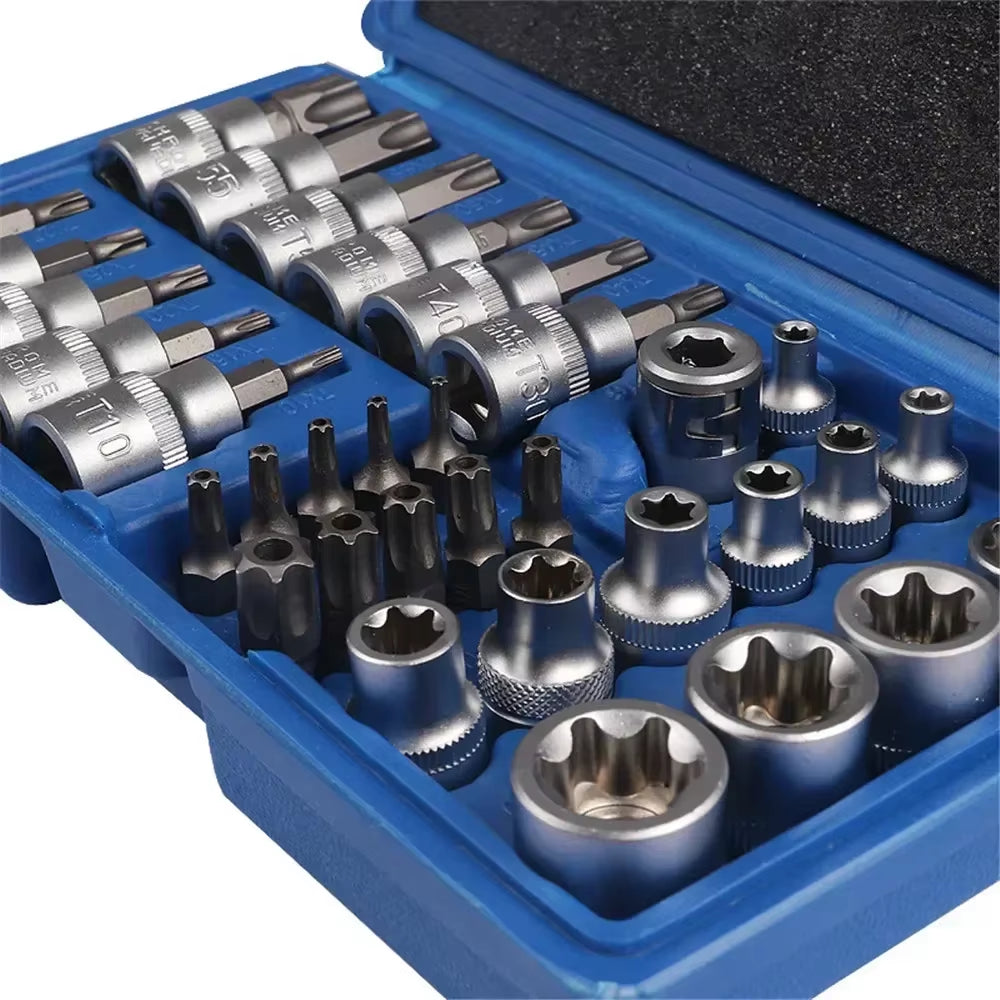 Professional 34Pcs Torx Bit Socket & E-Torx Star Socket Set 1/4" 3/8" 1/2" Drive Male Female E-Torx Bits Handheld Tool with Case