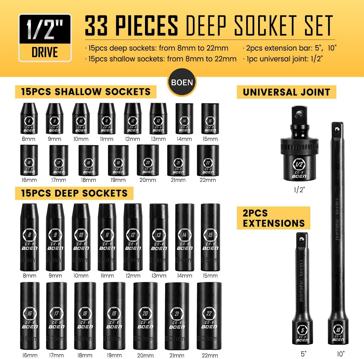 1/2" Drive Impact Socket Set, 33 Piece Deep & Shallow Metric Socket Set 8Mm to 22Mm, Includes 5", 10" Extension Bars, Universal Joint, 6 Point Design, Cr-V Steel, Meets ANSI Standards