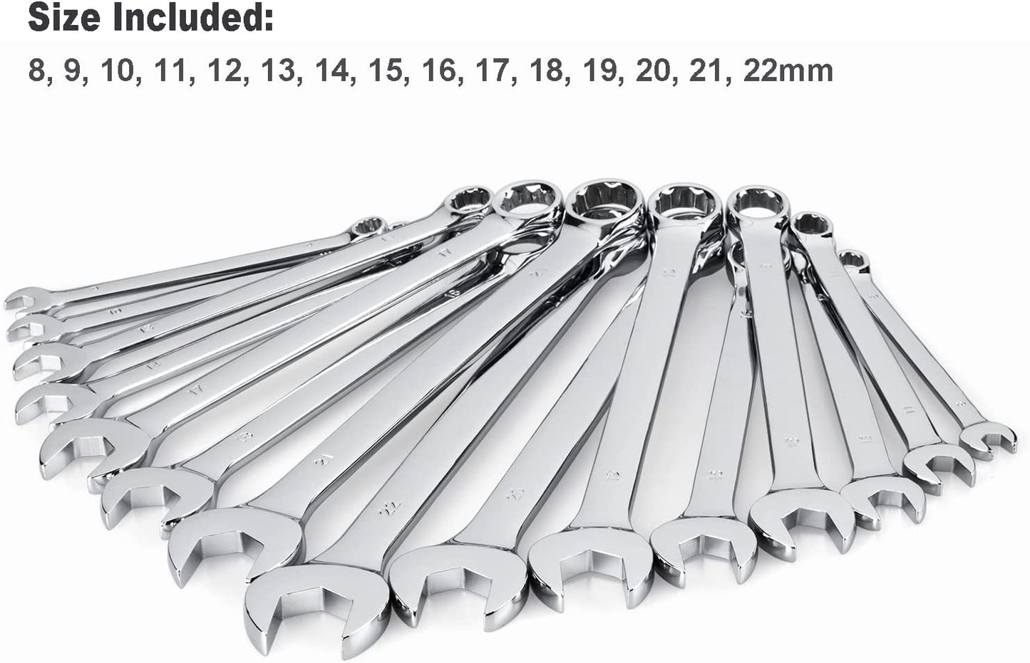 Max Torque 15-Piece Premium Combination Wrench Set, Chrome Vanadium Steel, Long Pattern Design | Include Metric Sizes 8, 9, 10, 11, 12, 13, 14, 15, 16, 17, 18, 19, 20, 21, 22Mm with Storage Rack