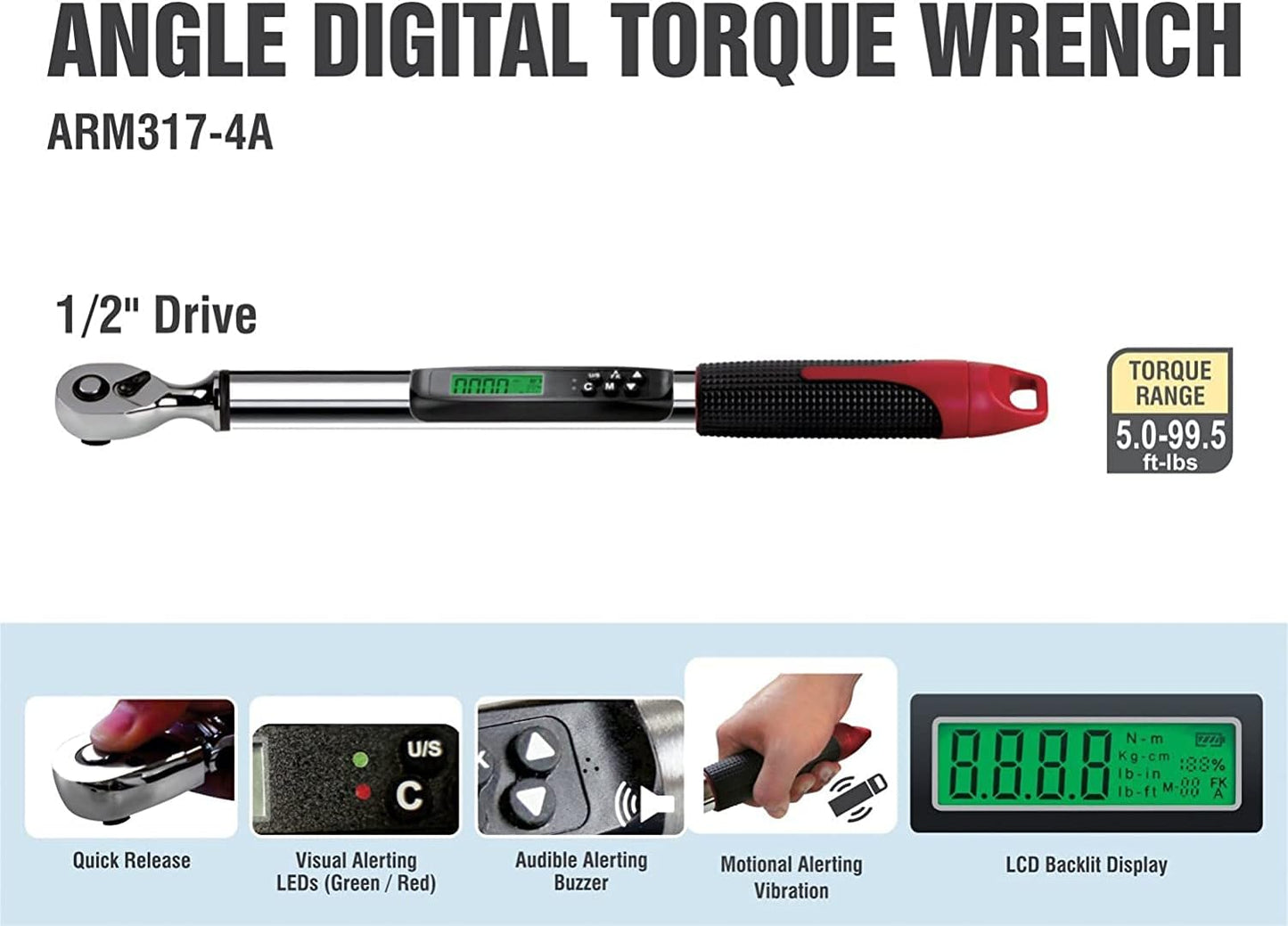 Acdelco 1/4", 3/8" or 1/2" Heavy Duty Angle Digital Torque Wrenches (1/2" (5.0 to 99.5 Ft-Lbs.))