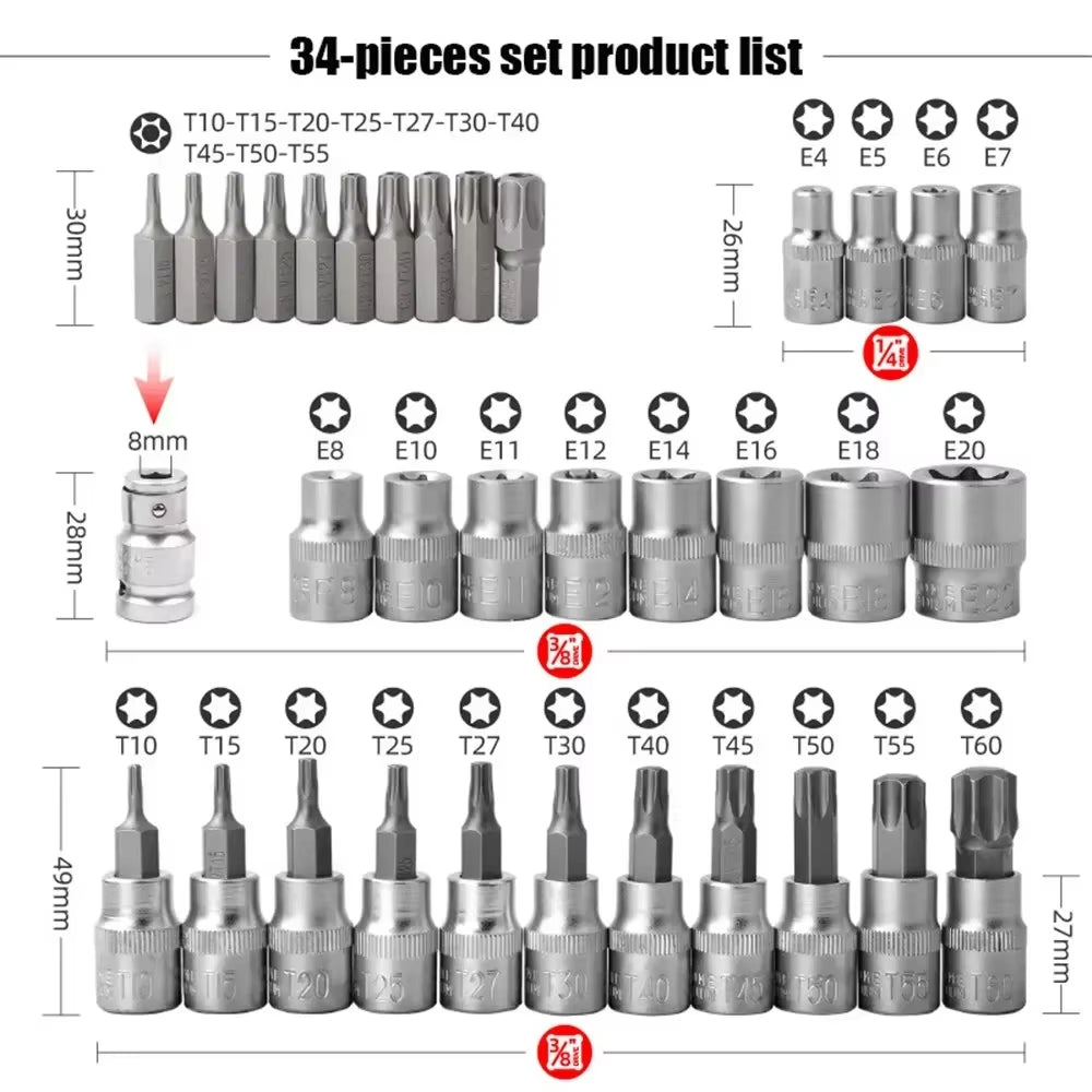 Professional 34Pcs Torx Bit Socket & E-Torx Star Socket Set 1/4" 3/8" 1/2" Drive Male Female E-Torx Bits Handheld Tool with Case