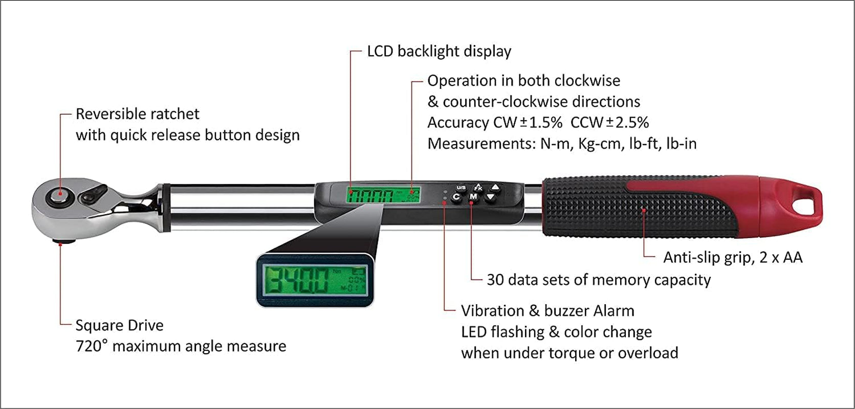 Acdelco 1/4", 3/8" or 1/2" Heavy Duty Angle Digital Torque Wrenches (1/2" (5.0 to 99.5 Ft-Lbs.))