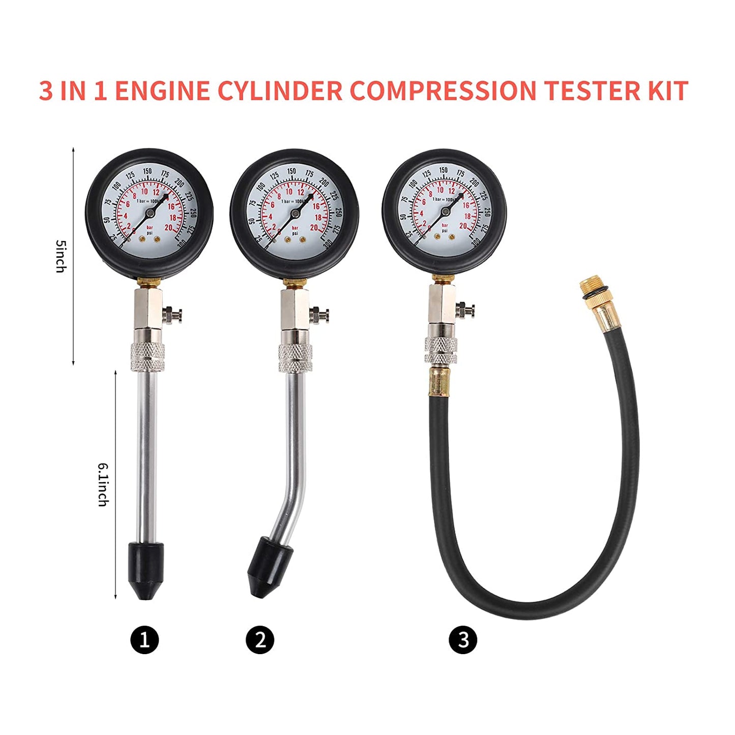 8PCS Compression Tester Kit Professional Petrol Gas Engine Cylinder Pressure Gauge 0-300 PSI Automotive Tool for Motorcycle Car Truck (Red 8Pc)