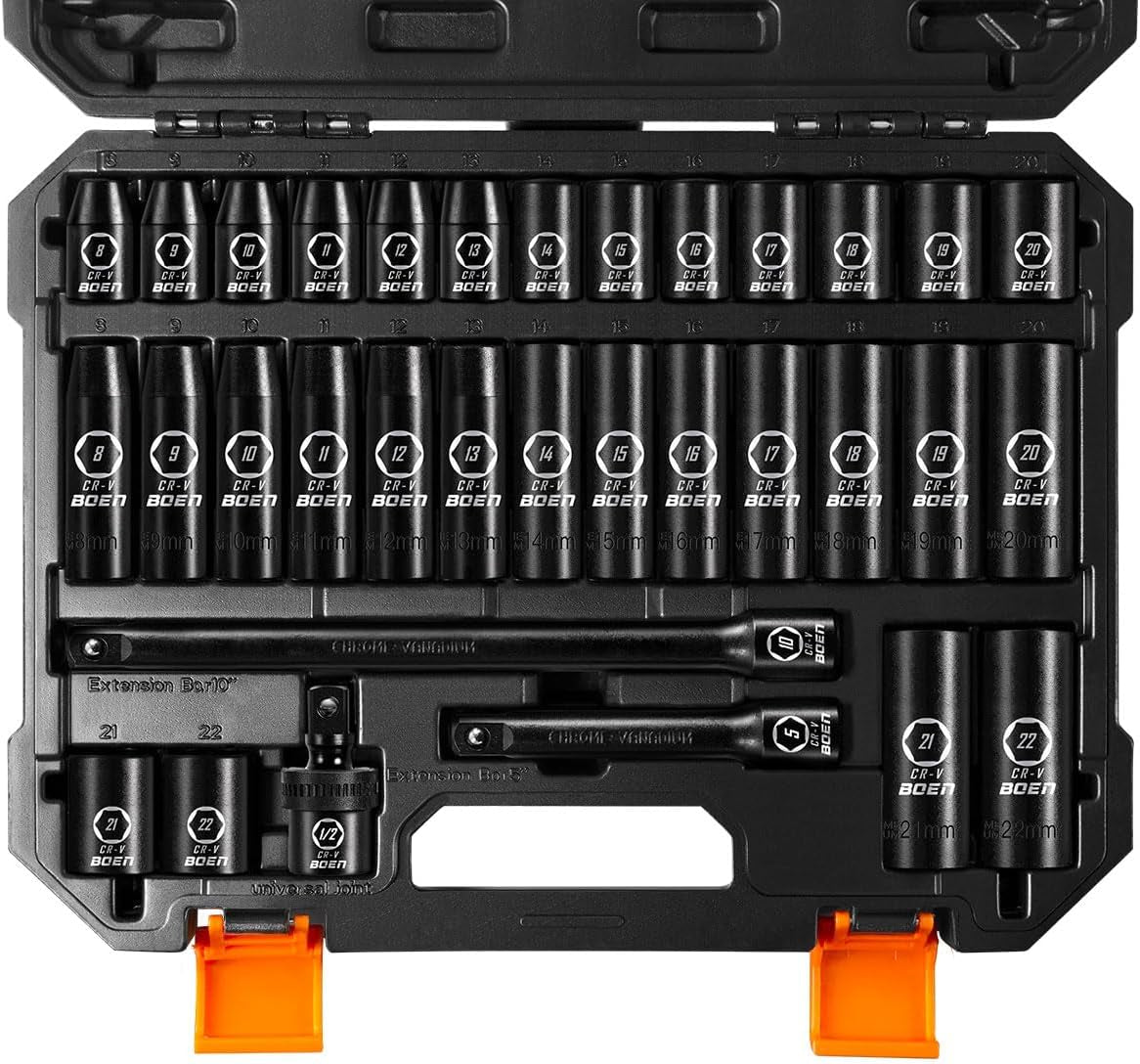 1/2" Drive Impact Socket Set, 33 Piece Deep & Shallow Metric Socket Set 8Mm to 22Mm, Includes 5", 10" Extension Bars, Universal Joint, 6 Point Design, Cr-V Steel, Meets ANSI Standards