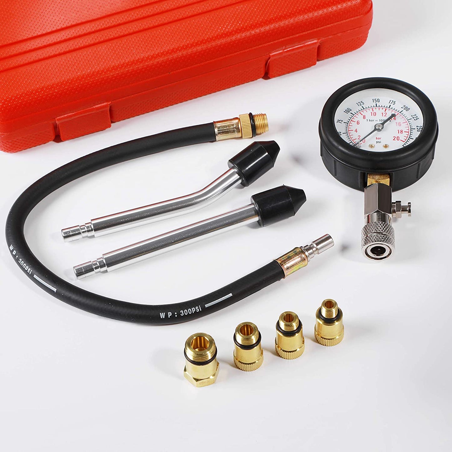 8PCS Compression Tester Kit Professional Petrol Gas Engine Cylinder Pressure Gauge 0-300 PSI Automotive Tool for Motorcycle Car Truck (Red 8Pc)