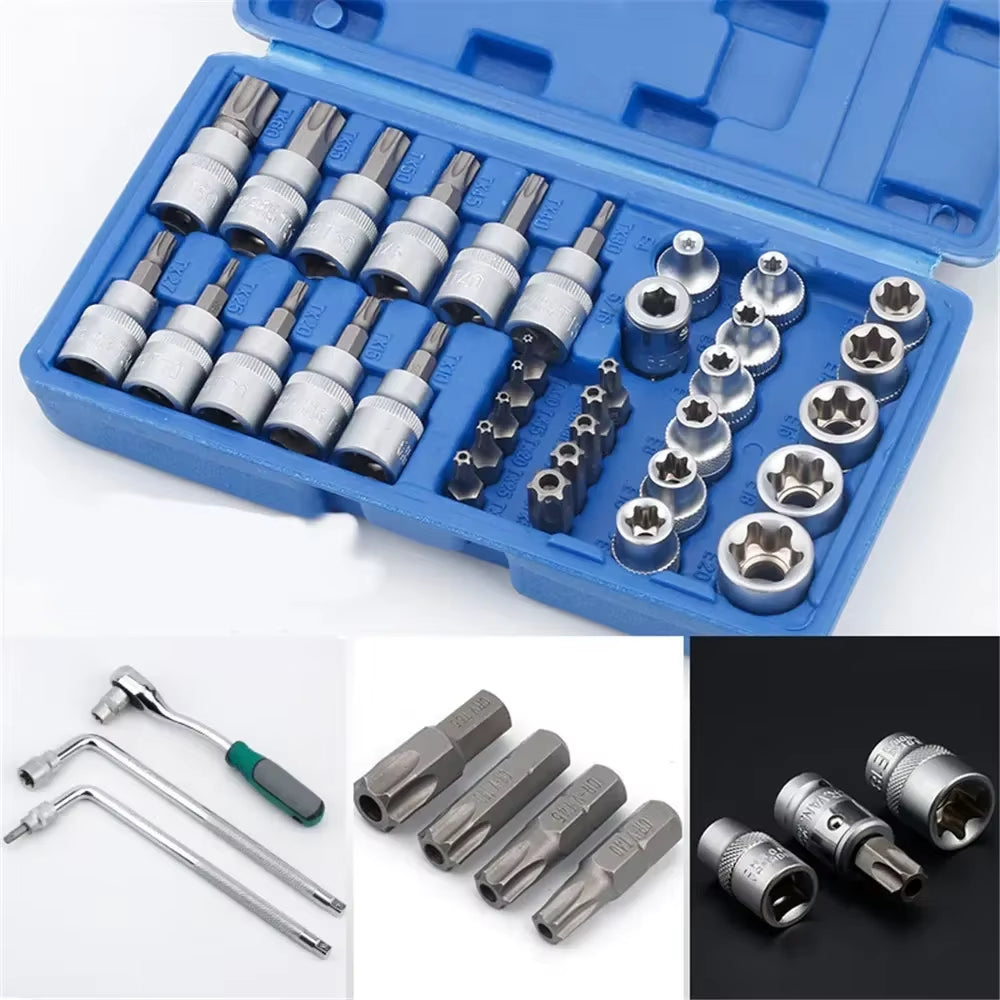 Professional 34Pcs Torx Bit Socket & E-Torx Star Socket Set 1/4" 3/8" 1/2" Drive Male Female E-Torx Bits Handheld Tool with Case